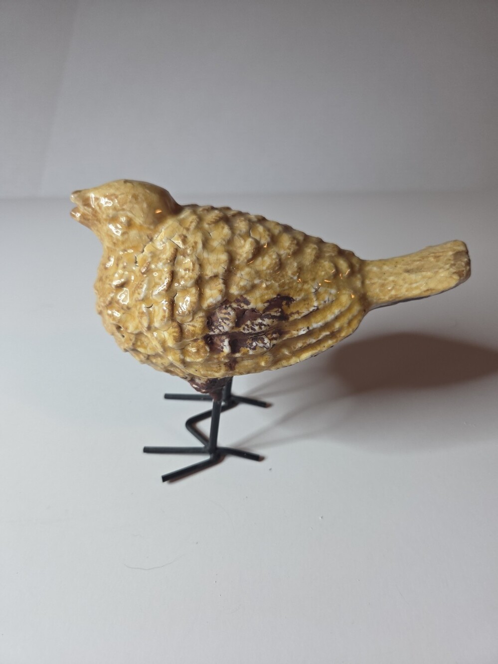 Vintage Primitive Ceramic Bird Figurine Yellow Glazed Textured Body w/wire Legs